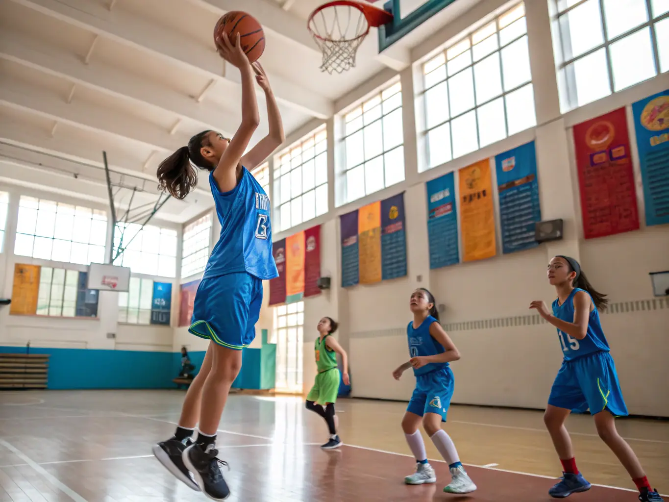A group of students playing basketball in the school gymnasium, showcasing teamwork and sportsmanship.