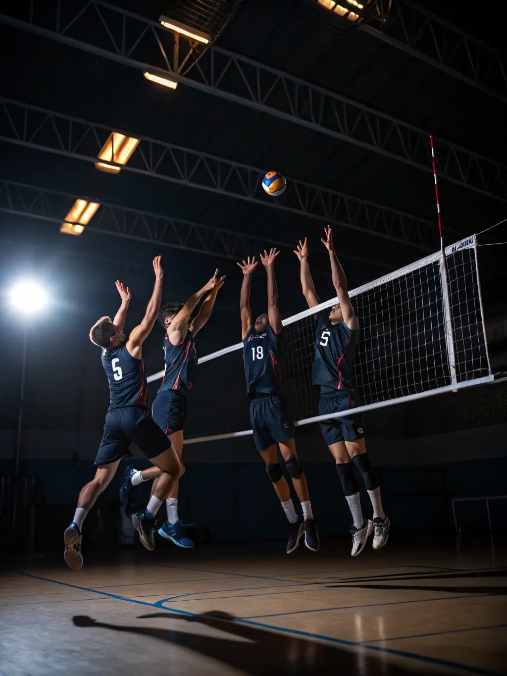 Students participating in a volleyball match in the school gymnasium, emphasizing coordination and teamwork.