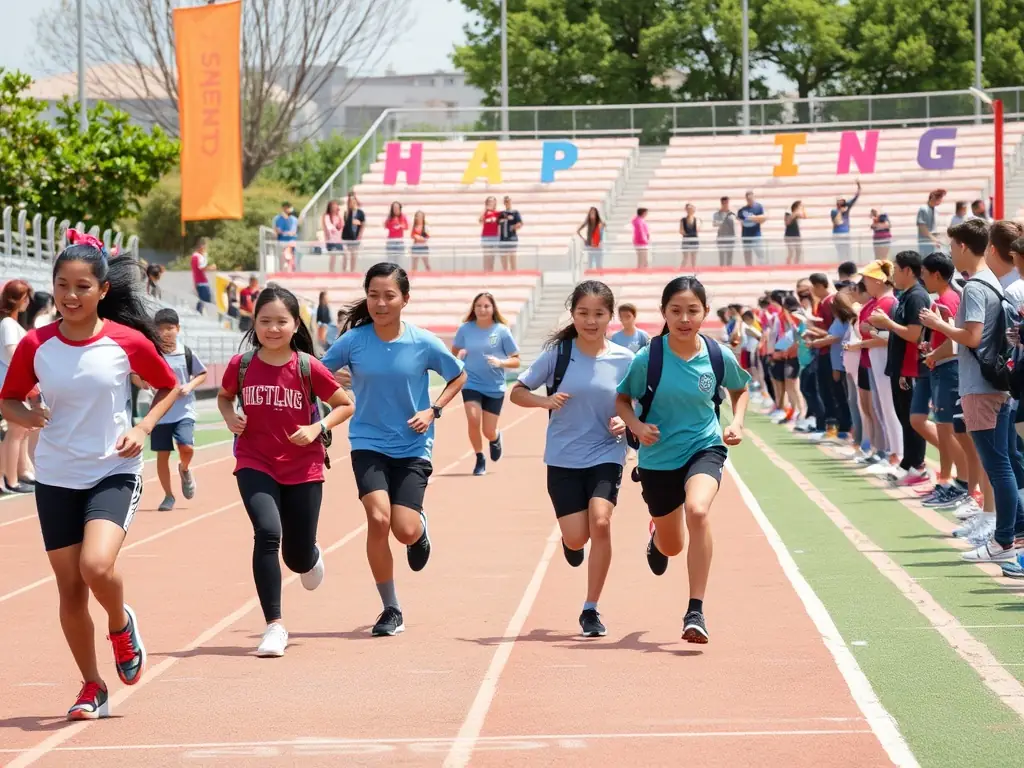 A group of students participating in a track and field event organized by ASSOCIATION SPORTIVE DU COLLEGE HASTINGS. The image should capture the excitement and competitive spirit of the event.