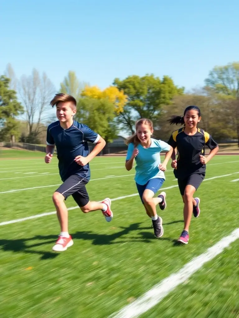 Students participating in a track and field event on the school's running track, showcasing speed and endurance.