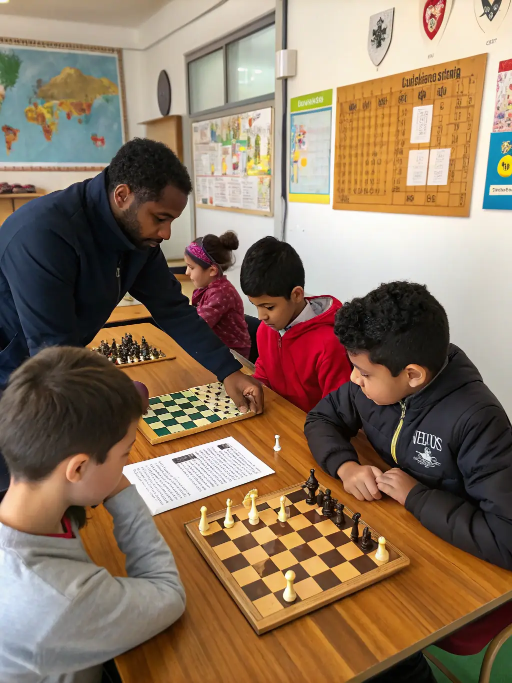 A classroom setting where students are engaged in a chess game, promoting strategic thinking and problem-solving skills.