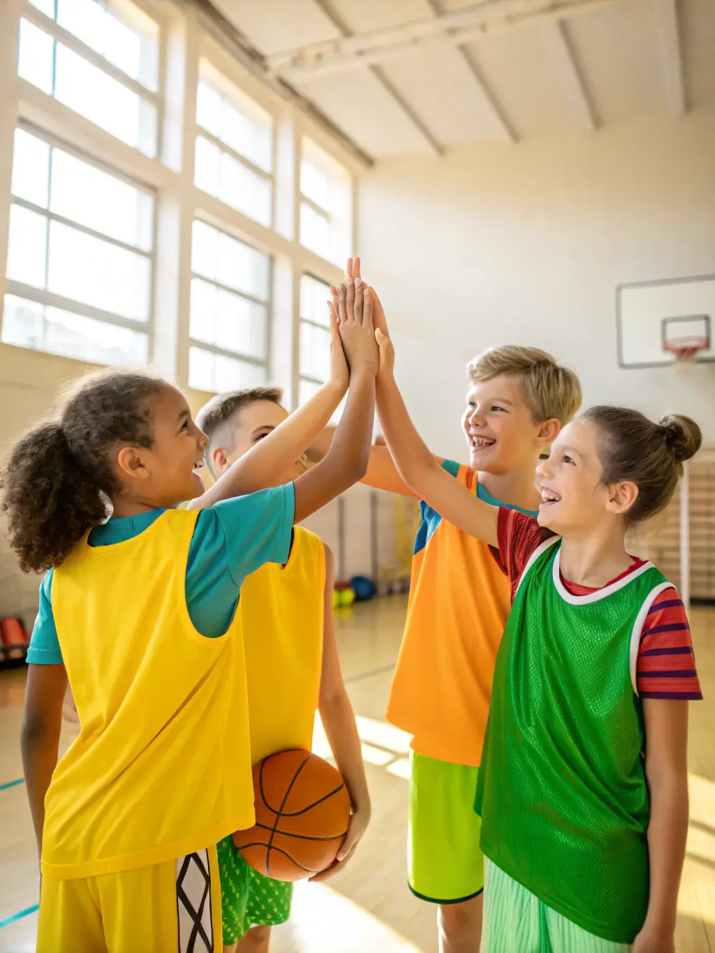 A group of students laughing and high-fiving after a basketball game, symbolizing teamwork and camaraderie within the ASSOCIATION SPORTIVE DU COLLEGE HASTINGS.