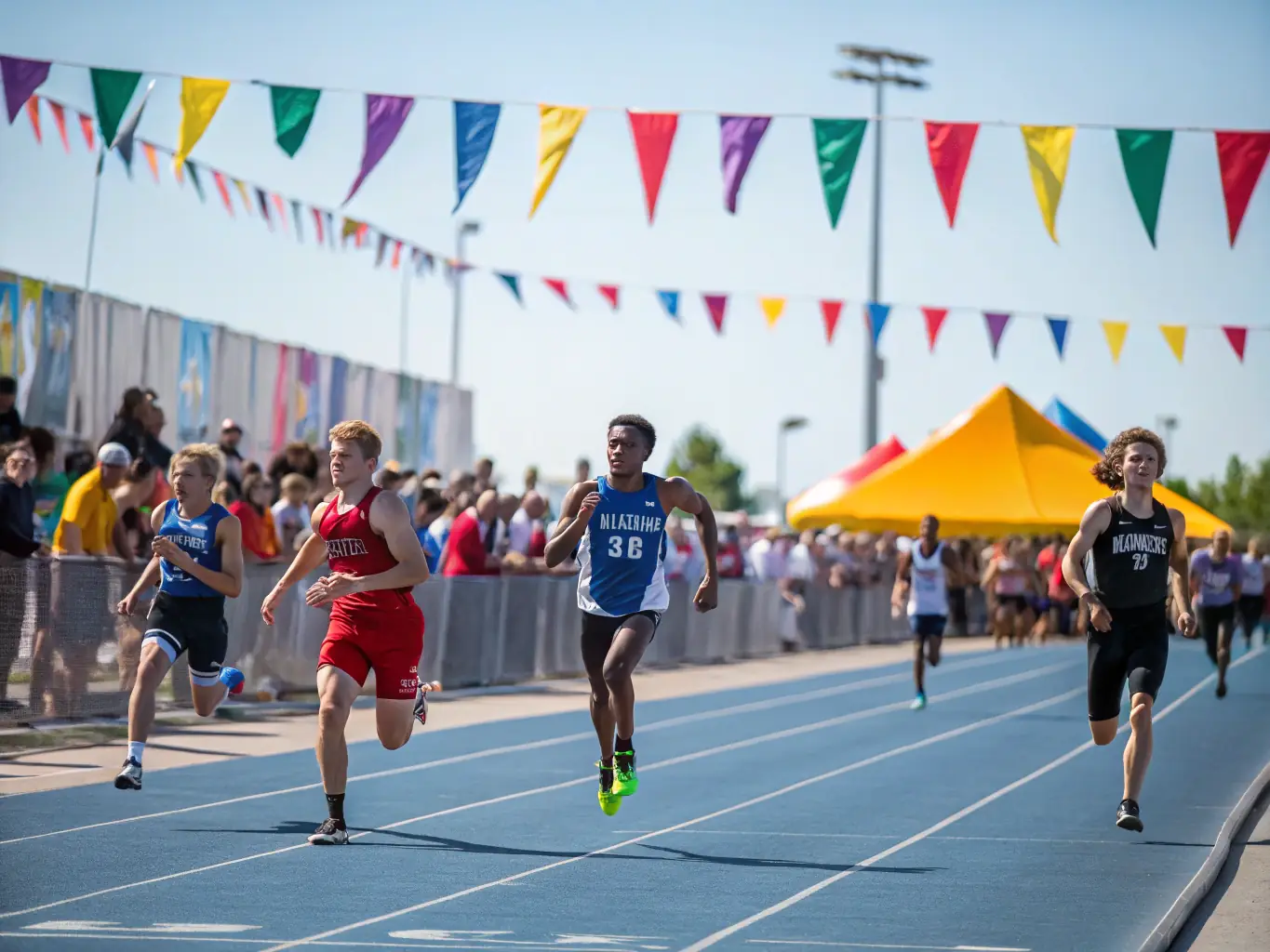Students participating in a track and field event on a sunny day, demonstrating speed and agility.