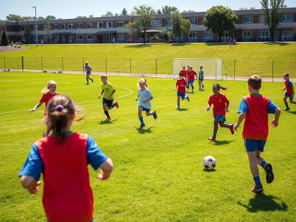 A vibrant image of students participating in a soccer match on the school field, showcasing teamwork and enthusiasm.
